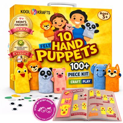 Hand Puppet Kit Make Your Own Animal Characters, 10 Felt Pieces, Simple Step-by-Step Instructions, Arts & Crafts Activity for Kids, Role Play & Storytelling Birthday Gift