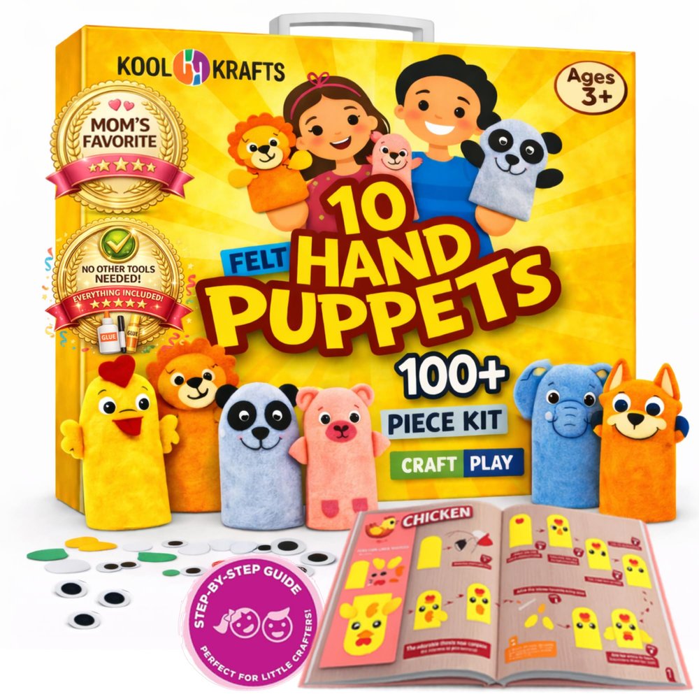 Hand Puppet Kit Make Your Own Animal Characters, 10 Felt Pieces, Simple Step-by-Step Instructions, Arts & Crafts Activity for Kids, Role Play & Storytelling Birthday Gift