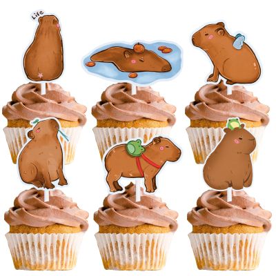18pcs Brown Glitter Dessert Cupcake Topper Pet Capybara Theme Decorations Baby Shower Boys Girls Happy Birthday Party Decor Supplies
