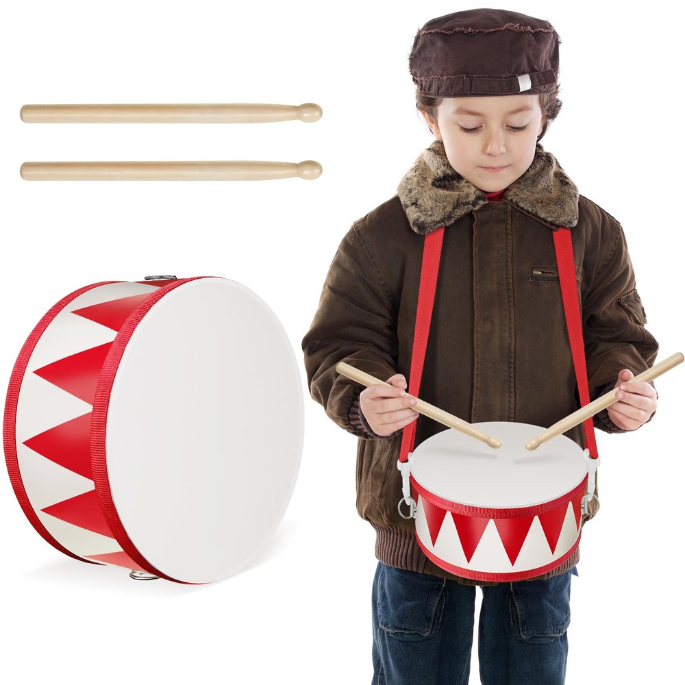 Kids Drum Set 8 Inch Wooden Toy Drum with Adjustable Strap 2 Drumsticks Educational Sensory Musical Instrument Toy Set for Toddlers Kid Baby Boys Girls Gift(Red Triangle Style)