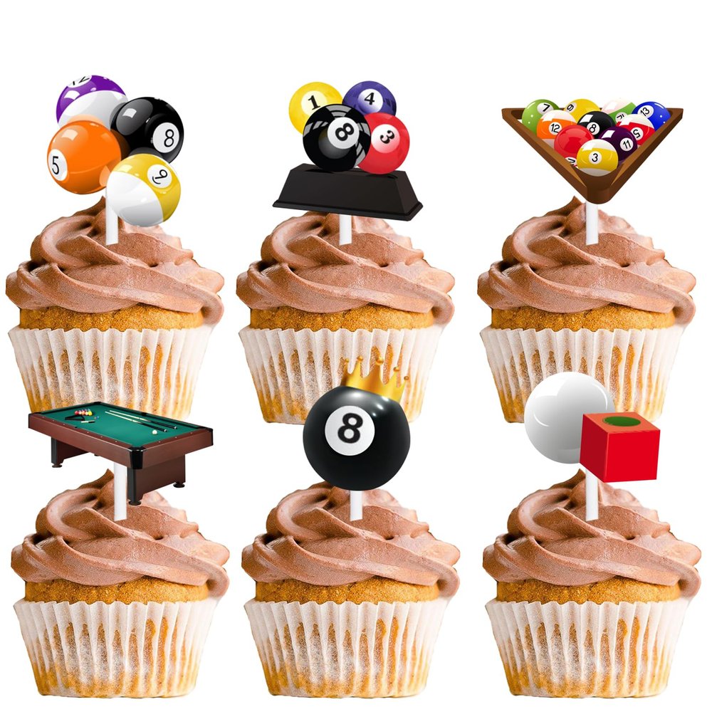 18pcs Glitter Billiards Dessert Cupcake Topper Sport Theme Decor Supplies Men Boys Girls Happy Birthday Decorations