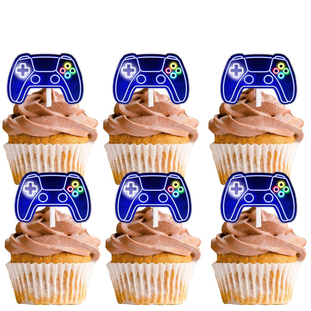 18pcs Blue Glitter Dessert Cupcake Topper Game Console Play Gaming sports Lets Glow Crazy Party Theme Decor Supplies Boys Girls Party Decoration