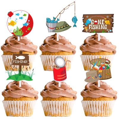 18pcs Colorful Glitter Dessert Cupcake Topper Go Fishing Theme Decorations Baby Shower Boys Girls Happy Birthday Party Decor Supplies