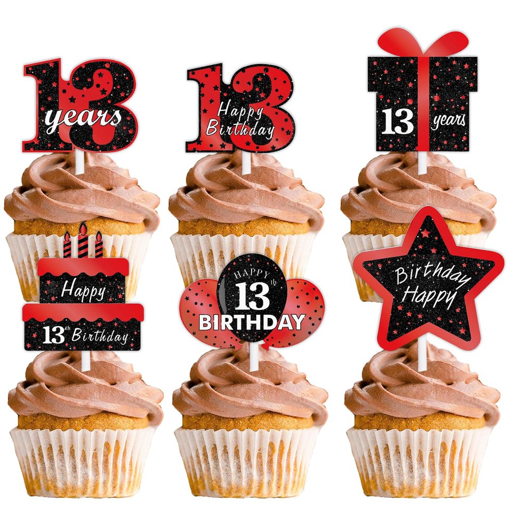 18pcs Red Glitter Dessert Cupcake Topper 13 Birthday Party Theme Decor Supplies Boys Girls Happy 13th Birthday Party Decoration