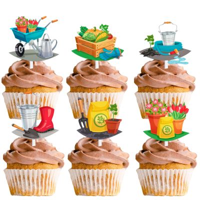 18pcs Dessert Cupcake Topper Gardening Tool Summer Theme Decor Supplies Men Women Happy Birthday Party Decorations