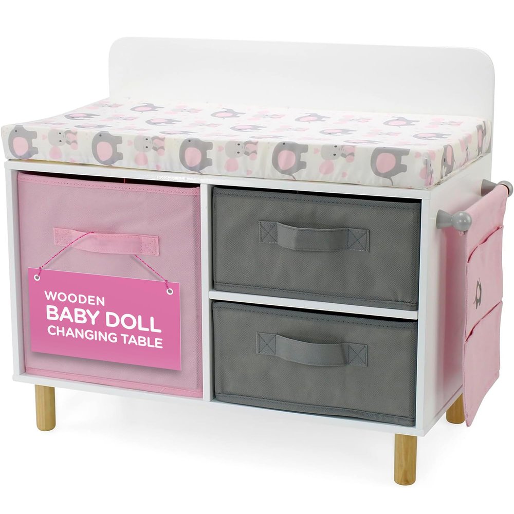 Emily Rose 18" Baby Doll Changing Table - Elephant Theme with Clothes Storage Bins & Accessories Pouch | American Girl Compatible | Ages 3+