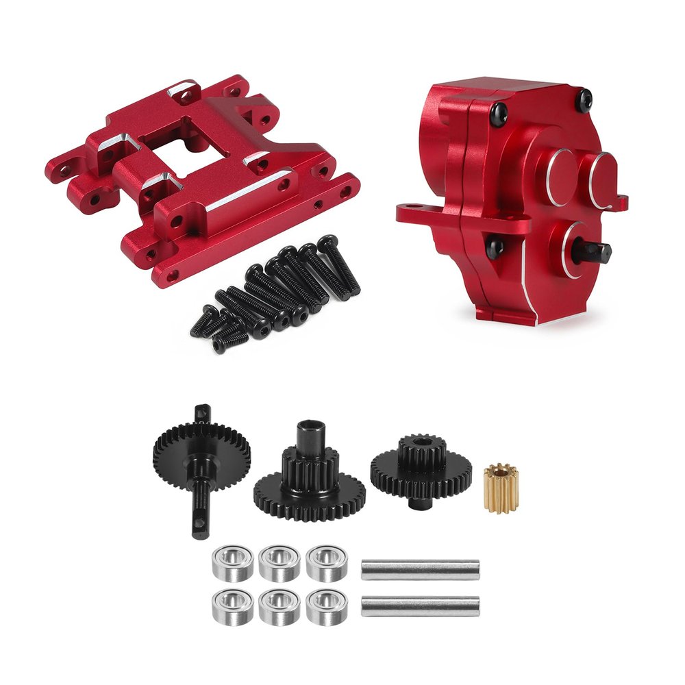 Aliuminum Alloy TRX4M Transmission 11T Pinion Gears Set with Gearbox Housing Mount Plate for 1/18 RC Crawler 97054-1 Defend 97074-1 Bronc TRX4-M Upgrades (Gears+Case+Plate(Red))