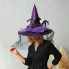 SSPalu Halloween Deluxe Witch Hat Veils Spiders Feathers Felt Wizard Cap Women Men Wide Brim Pointed Hat Party Carnival Cosplay Costume (Purple, 1 Pcs) view 2
