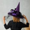 SSPalu Halloween Deluxe Witch Hat Veils Spiders Feathers Felt Wizard Cap Women Men Wide Brim Pointed Hat Party Carnival Cosplay Costume (Purple, 1 Pcs) view 3