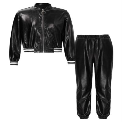 Fldy Kids Jazz Hip Hop Dance Costumes Boys Girls Shiny Metallic Long Sleeves Jacket and Sweatpants Performance Dancewear Black A 10 Years