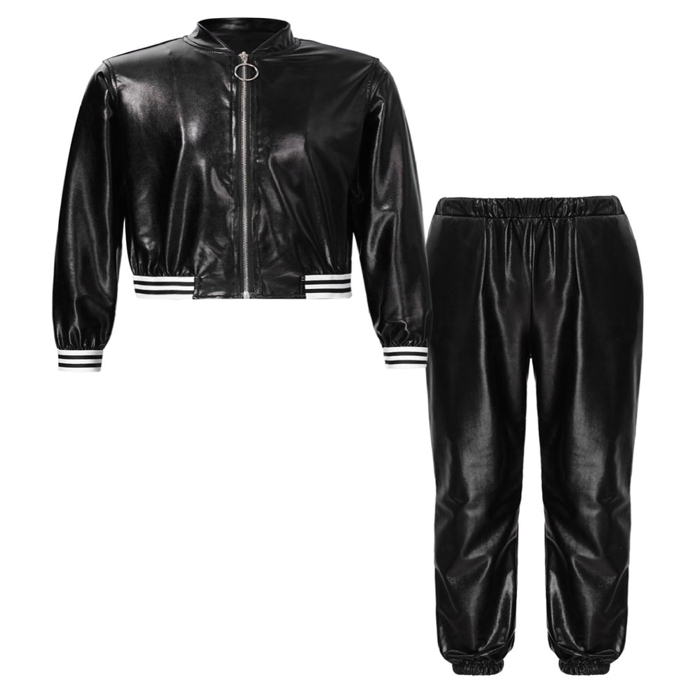 Fldy Kids Jazz Hip Hop Dance Costumes Boys Girls Shiny Metallic Long Sleeves Jacket and Sweatpants Performance Dancewear Black A 10 Years