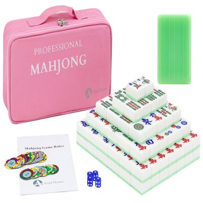 AzulHome Chinese Mahjong Game Set, 144 Large Melamine Mahjong Tiles(1.57'', Light Green) with 4 Dices 80 Poker Chips and One Storage Bag, Complete Mahjong Tile Set, Majiang, , Light Green