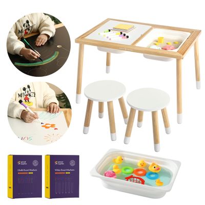Special Supplies Kids Sensory Table Set with Deep Water and Sand Bins, Writable Lids, Chalk and Dry Erase Markers for Active, Hands-On Learning, Fun Play, Arts and Crafts - Pine Wood (2 Bins)