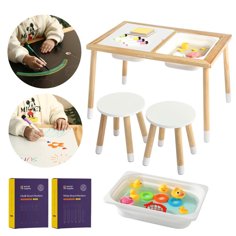 Special Supplies Kids Sensory Table Set with Deep Water and Sand Bins, Writable Lids, Chalk and Dry Erase Markers for Active, Hands-On Learning, Fun Play, Arts and Crafts - Pine Wood (2 Bins)