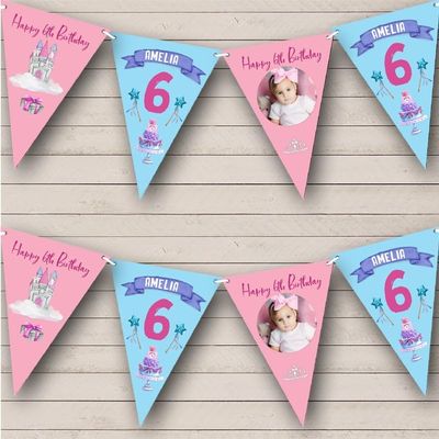 6th Girl Princess Castle Pink Photo Any Age Personalized Any Age Kids Children's Birthday Party Bunting - Hanging Party Decoration - Birthday Party Banner Garland | Decorative Party Supplies