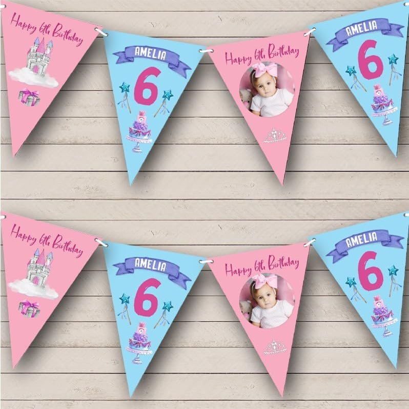 6th Girl Princess Castle Pink Photo Any Age Personalized Any Age Kids Children's Birthday Party Bunting - Hanging Party Decoration - Birthday Party Banner Garland | Decorative Party Supplies
