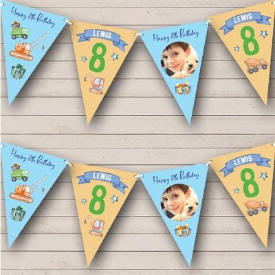 8th Boy Cars Trucks Toys Blue Orange Photo Any Age Personalized Any Age Kids Children's Birthday Party Bunting - Hanging Party Decoration - Birthday Party Banner Garland | Decorative Party Supplies