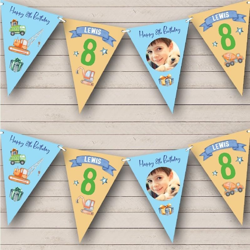 8th Boy Cars Trucks Toys Blue Orange Photo Any Age Personalized Any Age Kids Children's Birthday Party Bunting - Hanging Party Decoration - Birthday Party Banner Garland | Decorative Party Supplies