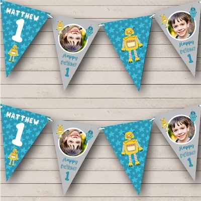 1st Boy Robot Photo Blue Stars Any Age Personalized Any Age Kids Children's Birthday Party Bunting - Hanging Party Decoration - Birthday Party Banner Garland | Decorative Party Supplies