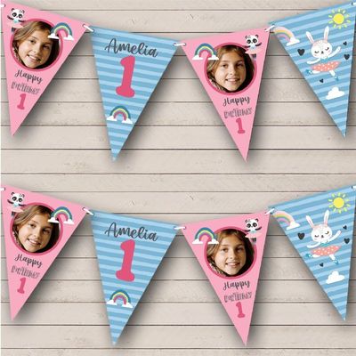 1st Girl Kids Children's Bunny Ballet Pink Photo Personalized Any Age Kids Children's Birthday Party Bunting - Hanging Party Decoration - Birthday Party Banner Garland | Decorative Party Supplies