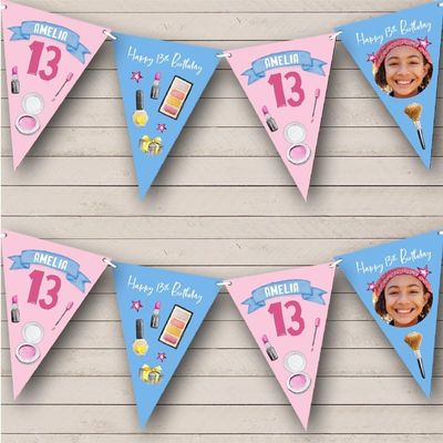 13th Girl Make Up Painted Photo Pink & Any Age Personalized Any Age Kids Children's Birthday Party Bunting - Hanging Party Decoration - Birthday Party Banner Garland | Decorative Party Supplies