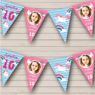 10th Girl Kids Children's Unicorn Rainbow Pink Photo Personalized Any Age Kids Children's Birthday Party Bunting - Hanging Party Decoration - Birthday Party Banner Garland | Decorative Party Supplies