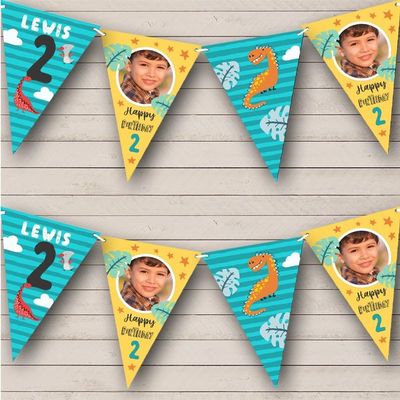 2nd Boy Kids Children's Dinosaur Photo Blue Yellow Personalized Any Age Kids Children's Birthday Party Bunting - Hanging Party Decoration - Birthday Party Banner Garland | Decorative Party Supplies
