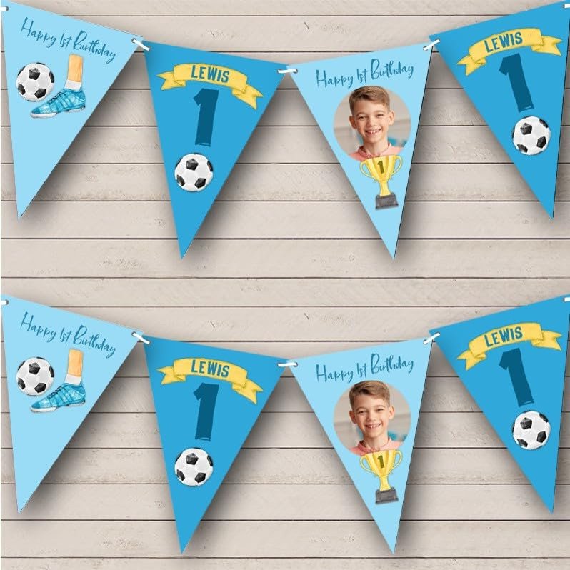 1st Boy Kids Children's Football Sport Yellow Photo Personalized Any Age Kids Children's Birthday Party Bunting - Hanging Party Decoration - Birthday Party Banner Garland | Decorative Party Supplies