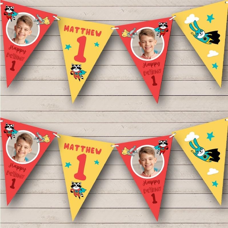 1st Boy Kids Children's Superhero Red Photo Red Personalized Any Age Kids Children's Birthday Party Bunting - Hanging Party Decoration - Birthday Party Banner Garland | Decorative Party Supplies