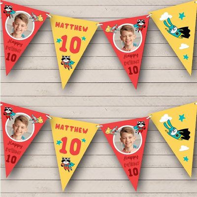 10th Boy Kids Children's Superhero Red Photo Red Personalized Any Age Kids Children's Birthday Party Bunting - Hanging Party Decoration - Birthday Party Banner Garland | Decorative Party Supplies