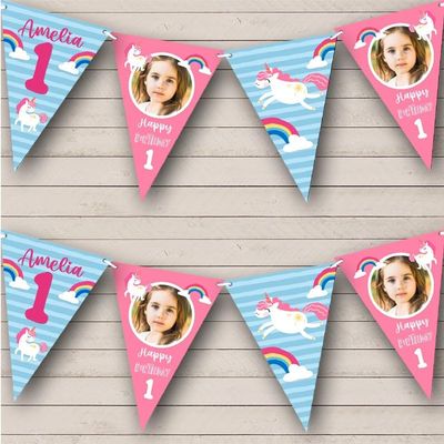 1st Girl Kids Children's Unicorn Rainbow Pink Photo Personalized Any Age Kids Children's Birthday Party Bunting - Hanging Party Decoration - Birthday Party Banner Garland | Decorative Party Supplies