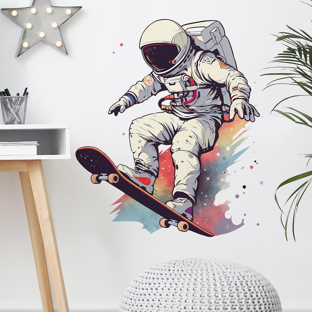 RoyoLam Skater Astronaut Wall Sticker Nursery Skateboarding Wall Decal for Kid Boy Baby Removable Peel and Stick Wall Art Home Decor Decoration for Classroom Preschool Playing Room Living Room Bedroom
