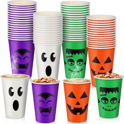 100 Pcs Halloween Party Cups 12 oz Pumpkin Vampire Bat Ghost Paper Cups Disposable Cups for Hot Cold Drinks Trick or Treat Supplies Decoration (Halloween)