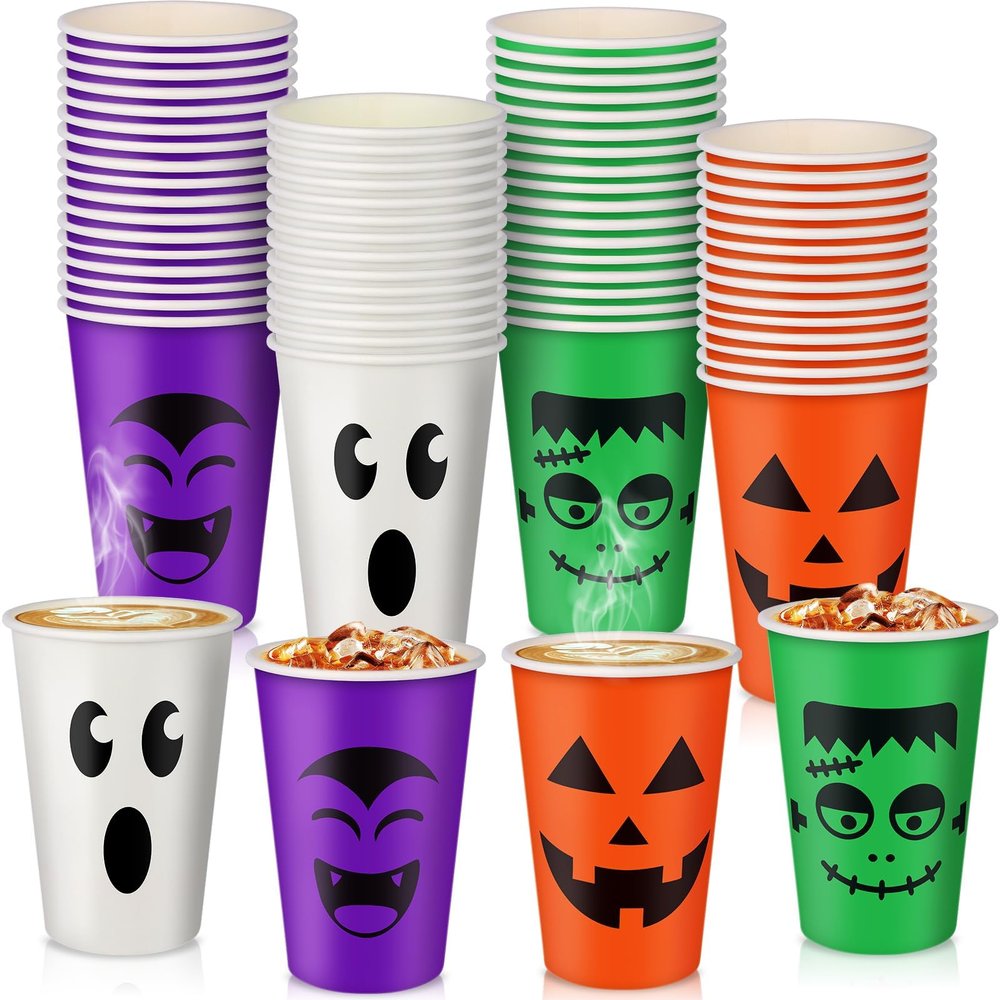 100 Pcs Halloween Party Cups 12 oz Pumpkin Vampire Bat Ghost Paper Cups Disposable Cups for Hot Cold Drinks Trick or Treat Supplies Decoration (Halloween)