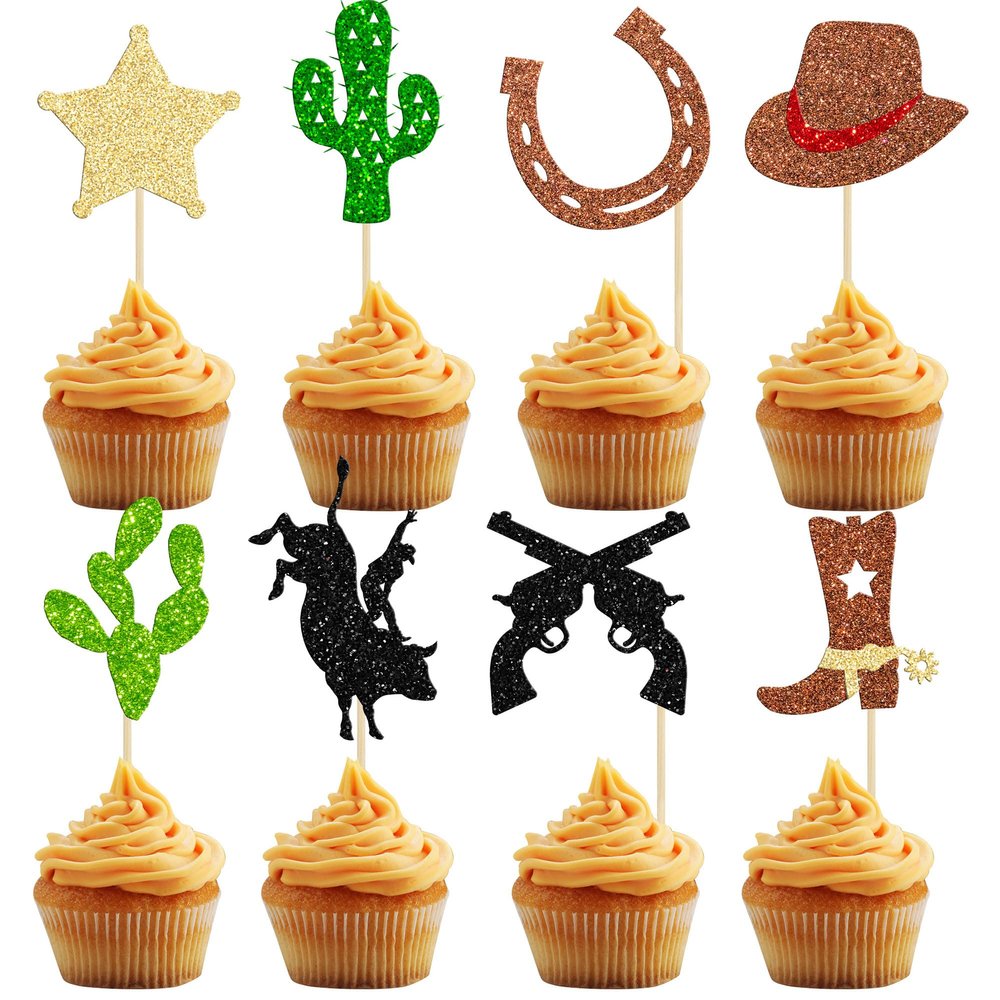 24Pcs Cowboy Cupcake Toppers Glitter HorseShoe Cowboy Hats Boots Cupcake Picks Star Gun Cactus Cupcake Picks Western Theme Baby Shower Birthday Party Cake Decorations Supplies