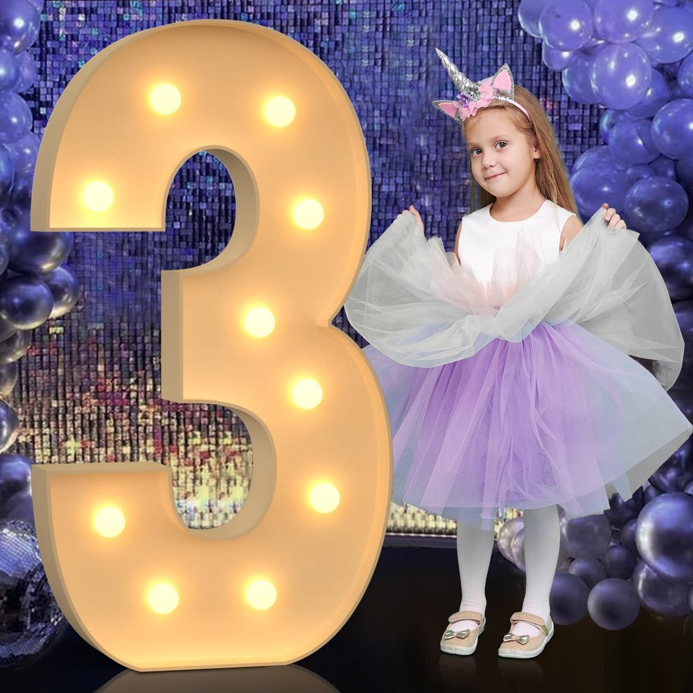 4FT Large Light Up Numbers, Giant Marquee Numbers 3 for 3rd 13rd 30th Birthday Decorations, Big Light Up Numbers for Party Anniversary, Marquee Letters Pre-Cut Mosaic Numbers for Balloons