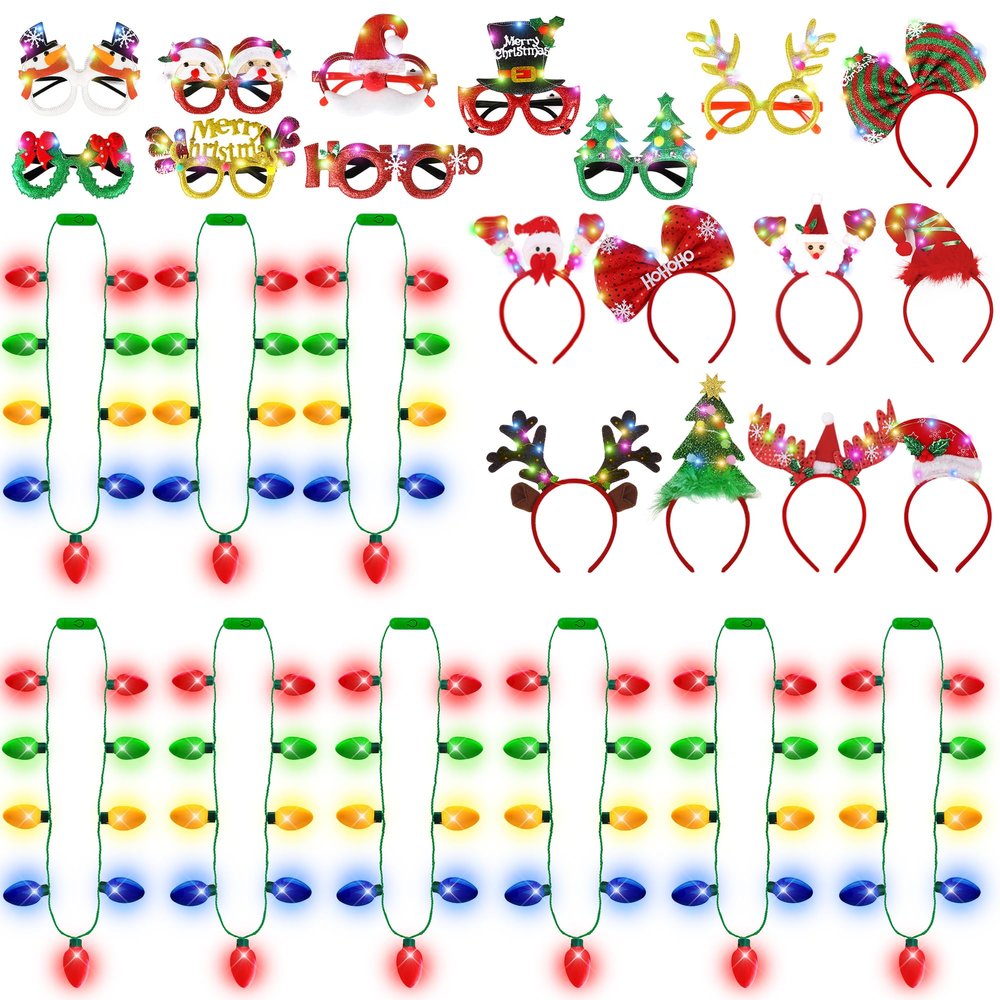 27 PCS Christmas Party Favors, Light Up Xmas Necklace Headband Glasses Set, Xmas Bulb Necklace Antler Lights Headbands LED Flashing Glitter Eyeglasses for Christmas Gift, Holiday Christmas Accessories