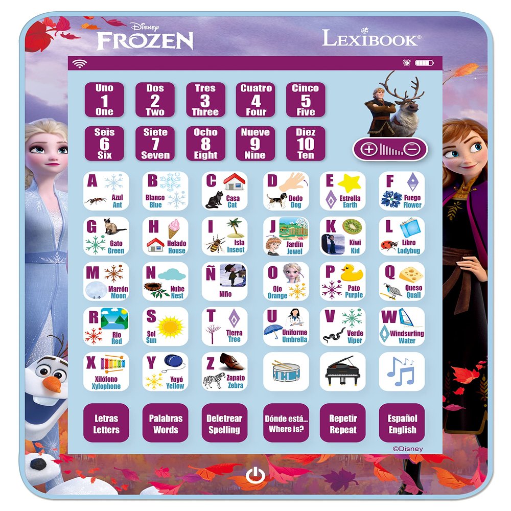 LEXiBOOK Disney Frozen, Educational Bilingual Learning Tablet, Learn Letters Numbers Words Spelling and Music, English/Spanish Languages, Blue, JCPAD002FZi2