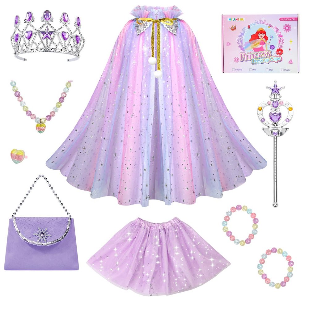 Meland Princess Dress up Clothes for Girl, Princess Cape with Kid Crown Toys, Birthday Gifts for Toddler Girls 3,4,5,6,7,8