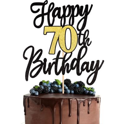 1 PCS Happy 70th Birthday Cake Topper Black Gold Glitter Cheers to 70 Years Birthday Cake Pick 70 Fabulous Cake Decoration for Happy 70th Birthday Anniversary Party Decorations Supplies