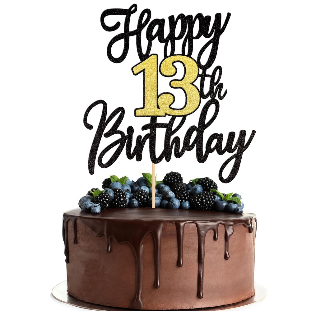 1 PCS Happy 13th Birthday Cake Topper Black Gold Glitter Cheers to 13 Years Birthday Cake Pick 13 Fabulous Cake Decoration for Happy 13th Birthday Anniversary Party Cake Decorations Supplies