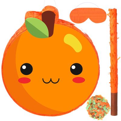 Aoriher Little Cute Orange Piata Summer Piata with Blindfold Bat and Confetti for Birthday Party Summer Theme Party Game Supplies, 14.17 x 12.6 x 2.95''