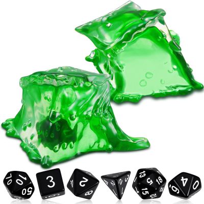 Deekin Dice Jail Gelatinous Cube Dice Prison Resin Cube 7 Role Playing Cage with Container Black Polyhedral Set Miniature Accessory for Gatherings Activity Party Gift Set(Green)