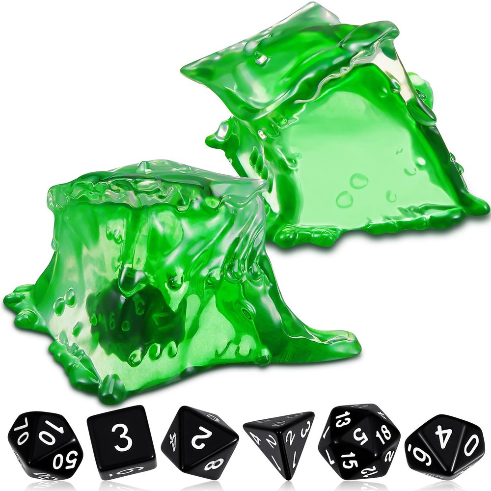 Deekin Dice Jail Gelatinous Cube Dice Prison Resin Cube 7 Role Playing Cage with Container Black Polyhedral Set Miniature Accessory for Gatherings Activity Party Gift Set(Green)