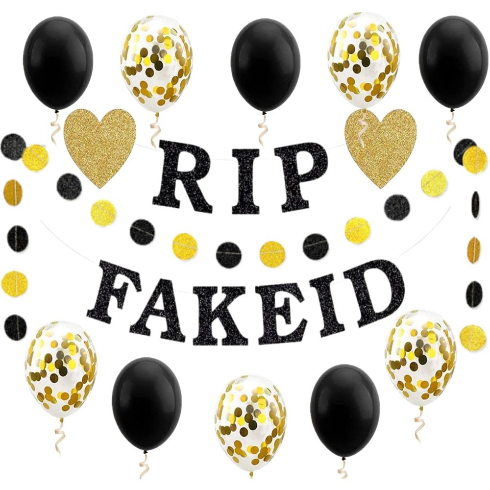 21st Birthday Banner for Him Her RIP Fake ID Bday Party Decorations Supplies Happy 21 Twenty One Funny Birthday Favors Gift Glitter Hanging Garland Kit 10pcs Balloons Bunting Adult Black Gold