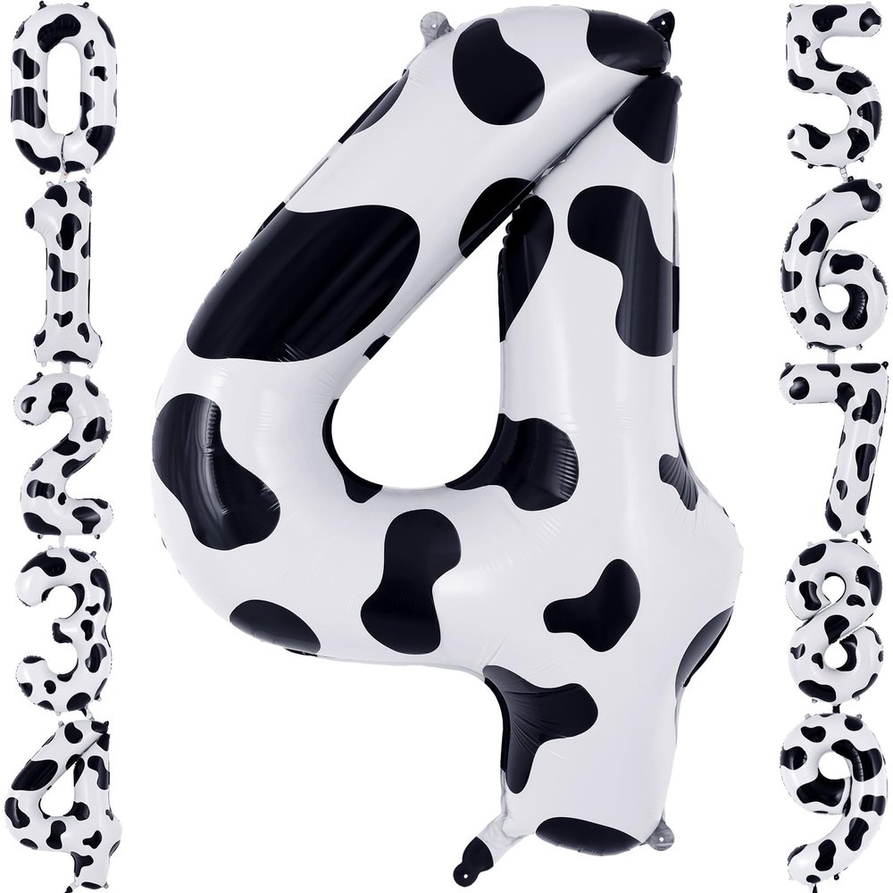 Cow Print Number 4 Balloon, Large 40 Inch Cow Number Birthday Balloons, Foil Mylar Number 4 Balloons for 4 Year Old Birthday Party Decorations Supplies Animal Farm Cowboy Cowgirl Themed Party