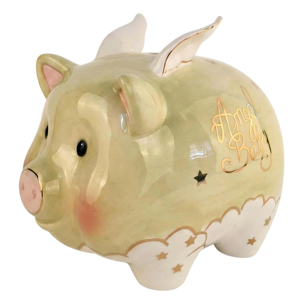 Blue Sky Clayworks Angel Baby Piggy Bank, Ceramic, 8 in L x 6 in W x 7 in H, Gold Script Nursery Keepsake