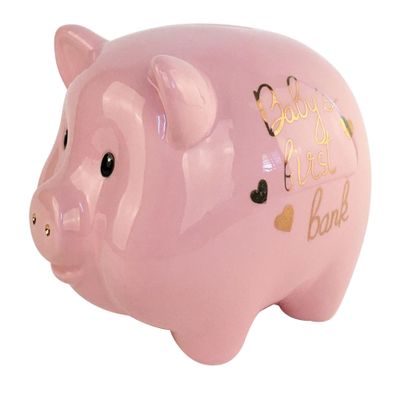 Blue Sky Clayworks Baby's First Piggy Bank, 7.75-inch Length, Pink, Female, Christening, Gift, Tabletops