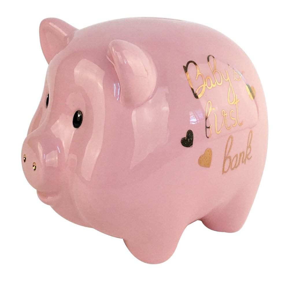 Blue Sky Clayworks Baby's First Piggy Bank, 7.75-inch Length, Pink, Female, Christening, Gift, Tabletops