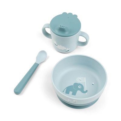 Done by Deer Foodie First Meal Set with Suction Base Elphee Blue 3-Piece Baby Feeding Set with Bowl, Spout Cup & Spoon Elephant Motif Microwave & Dishwasher Safe